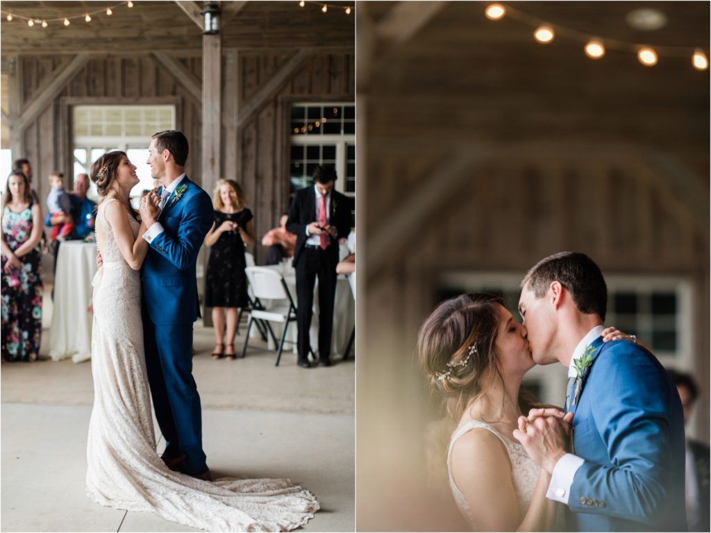 Romantic dance moments captured in rustic barn venue with string lights.