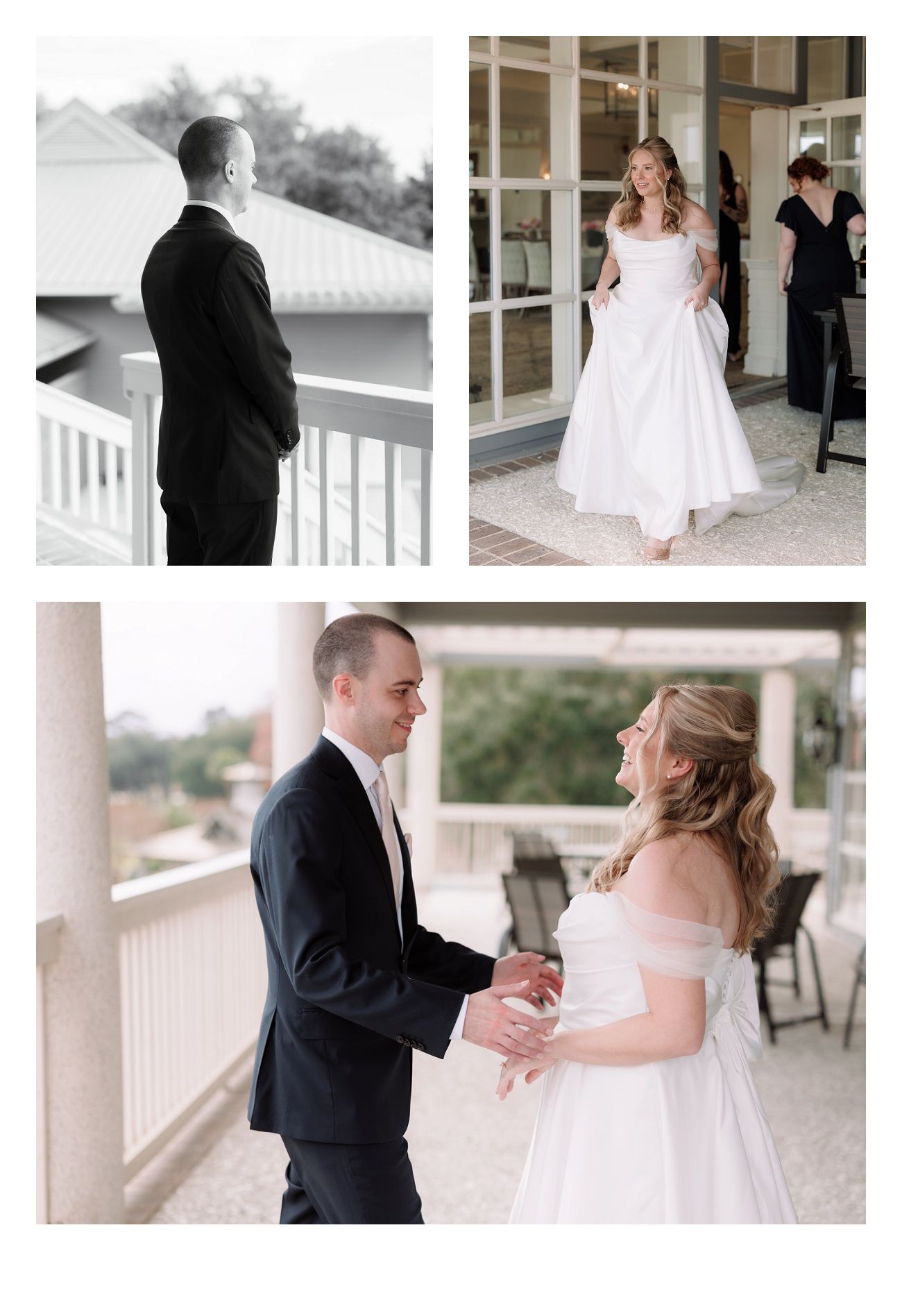 First look moments captured between bride and groom on a white columned porch.