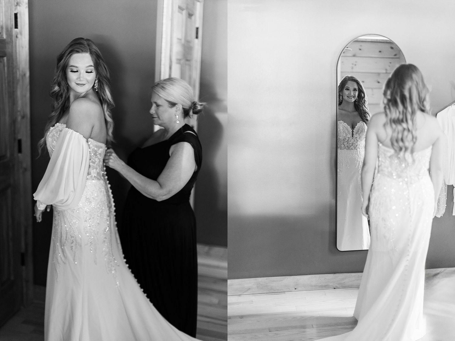 Black and white photos of final wedding dress preparations and mirror reflections.