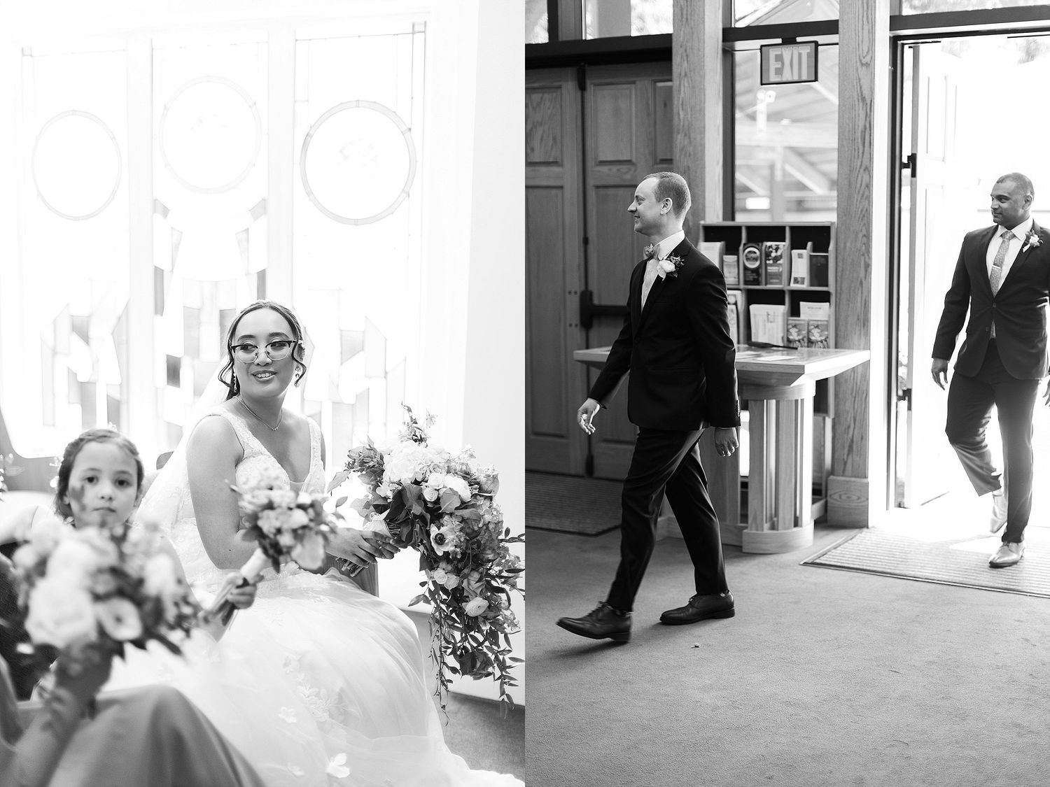 Split image showing candid wedding moments in black and white.