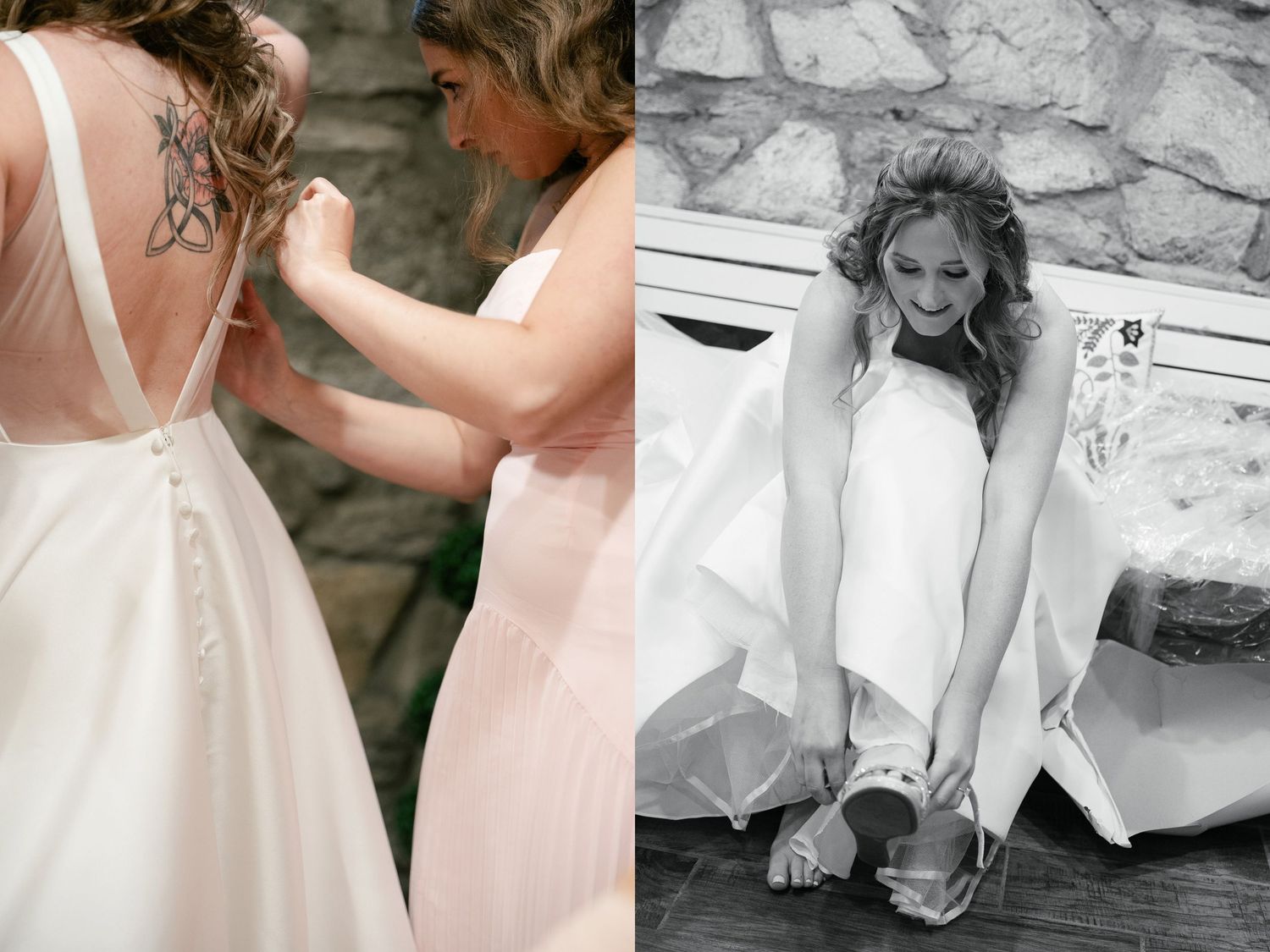 A wedding dress being adjusted next to a black and white portrait showing bridal preparations.