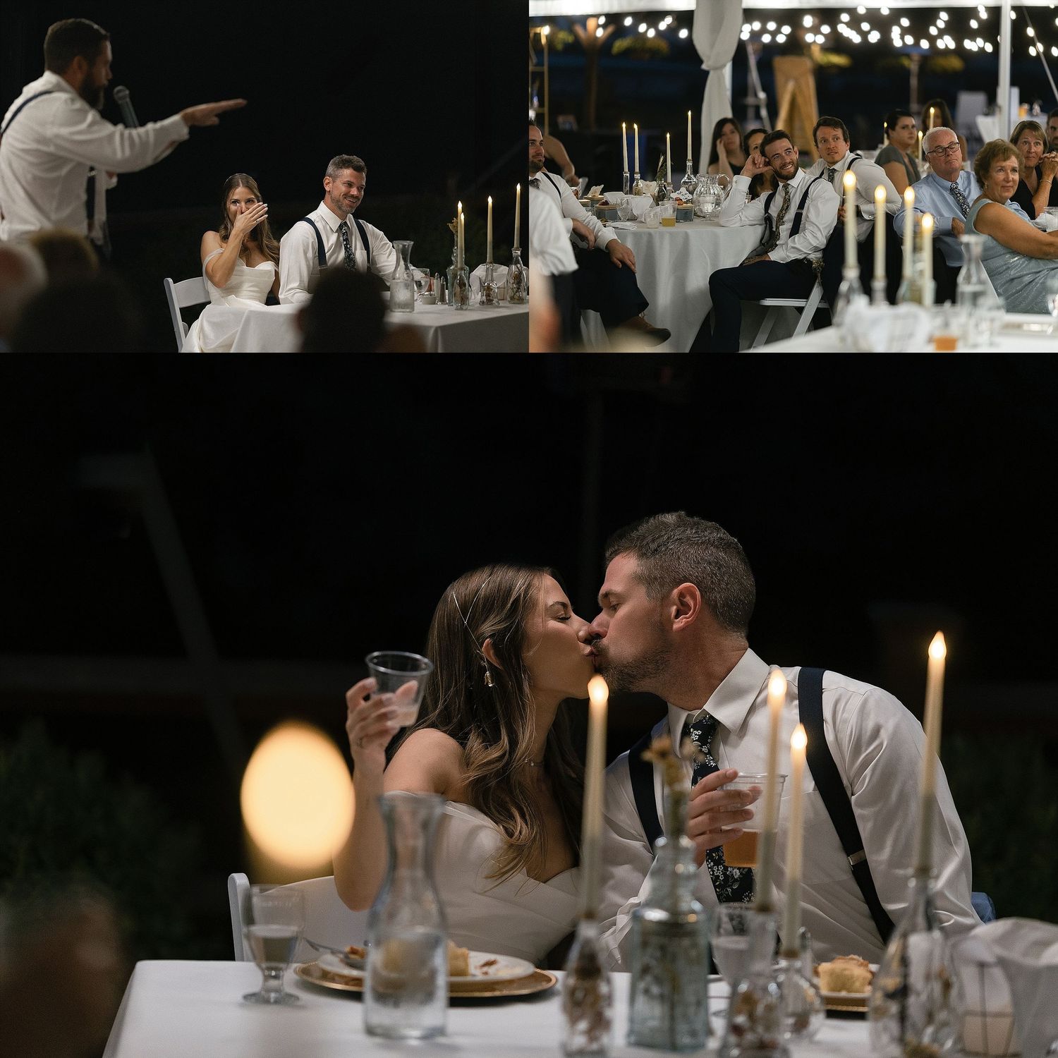 Wedding reception candlelit dinner and dancing moments captured in evening setting.