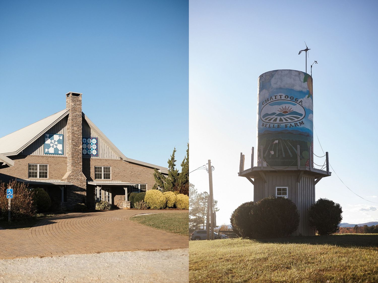 A rustic wooden A-frame cabin next to a painted water tower with a scenic landscape design on a sunny day.