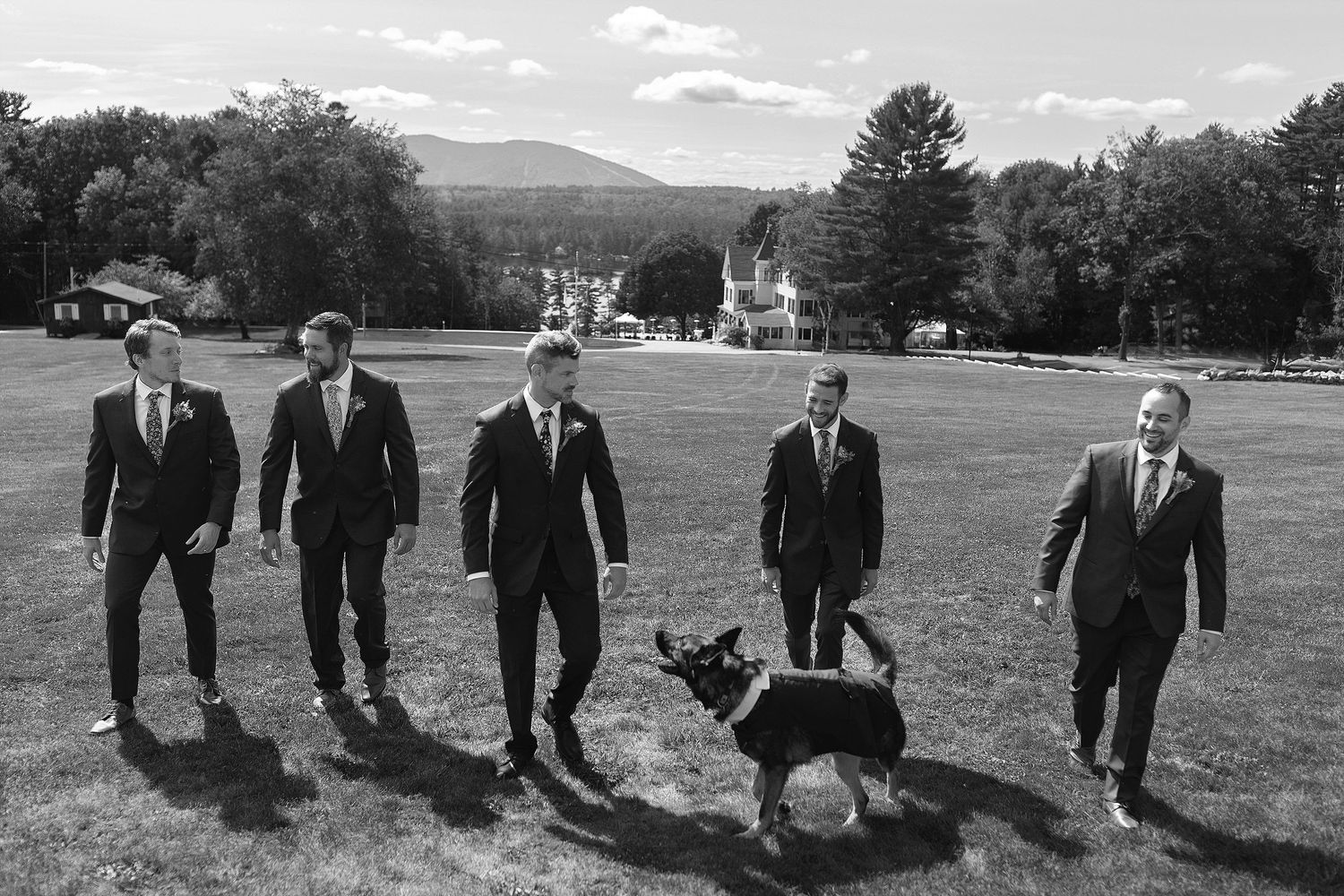 Groomsmen walking across a lawn with a dog against a mountain backdrop.