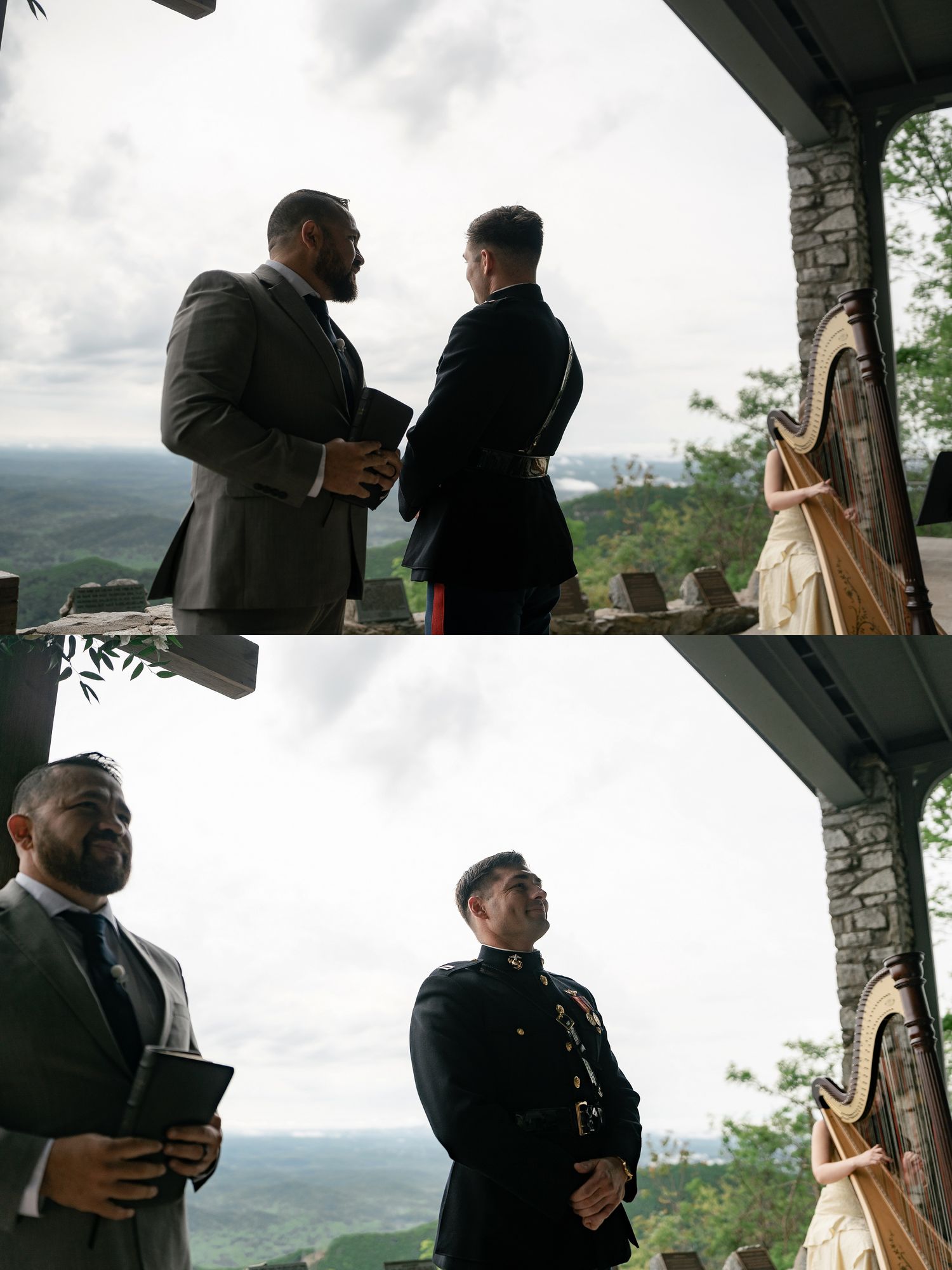 Elegant wedding ceremony on a stone veranda overlooking a scenic mountain landscape with a harp in the corner.