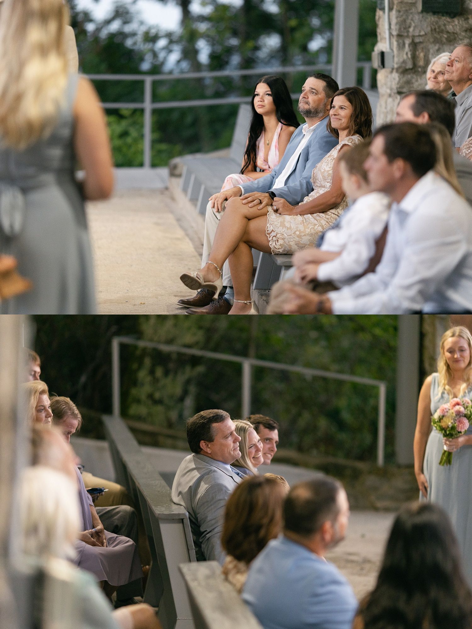 Wedding guests seated in rows of wooden benches at an outdoor ceremony venue surrounded by greenery.