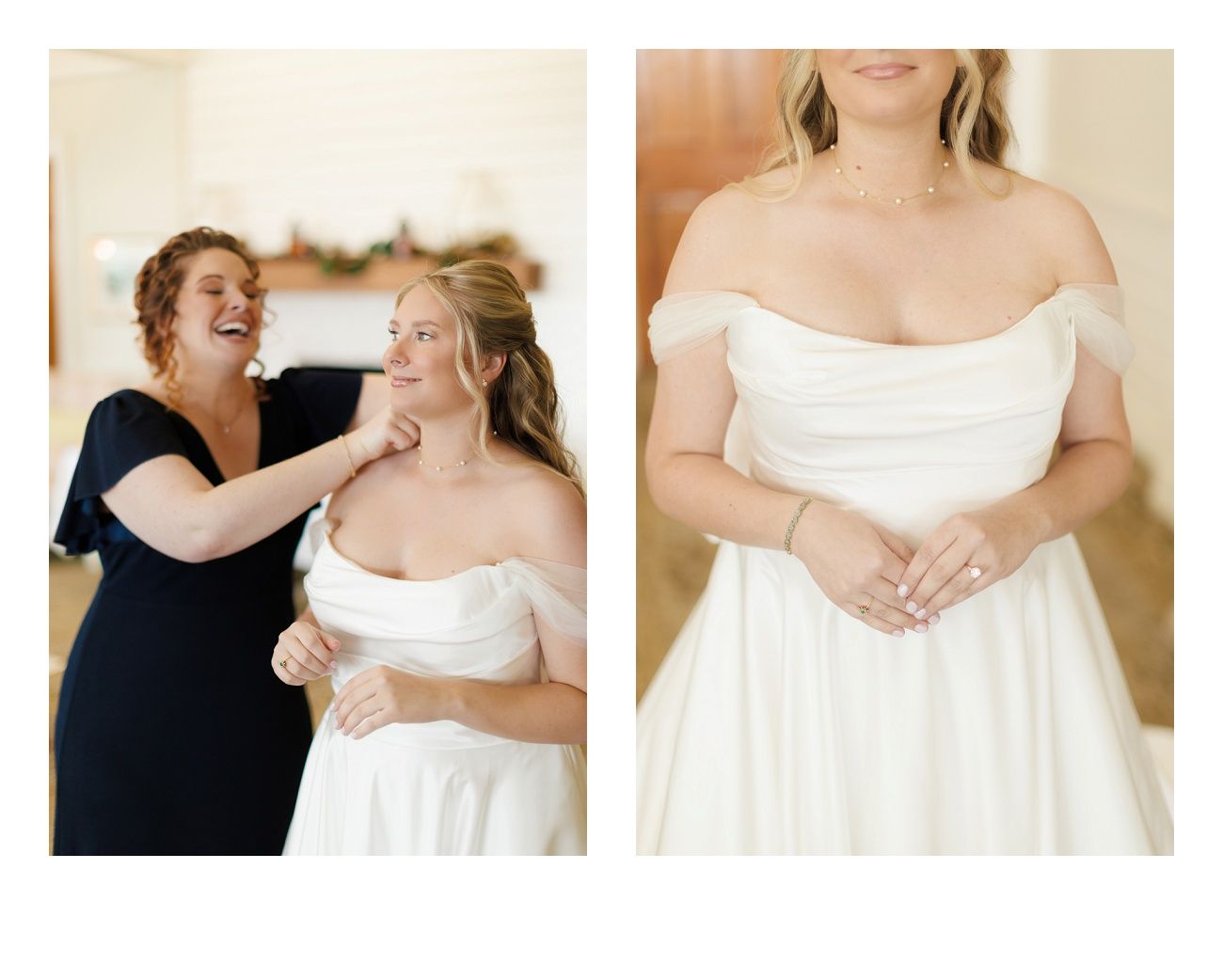 Elegant wedding dress details show white fabric and delicate styling in a bridal preparation sequence at Dataw Island Club.