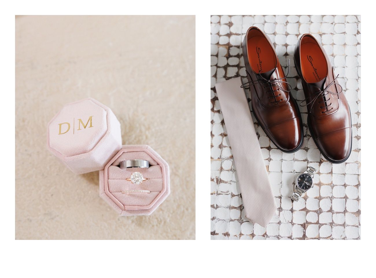 Brown leather dress shoes and wedding accessories arranged on a textured white surface.