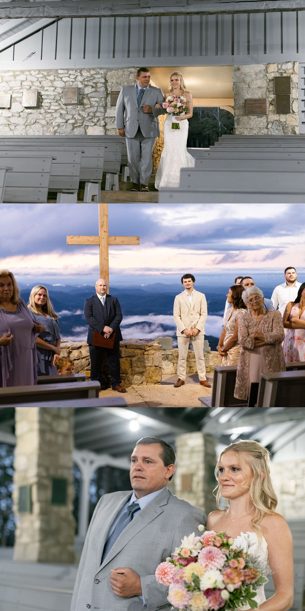 Wedding ceremony and portrait moments at a scenic mountain venue with rustic stone architecture and a wooden cross display.