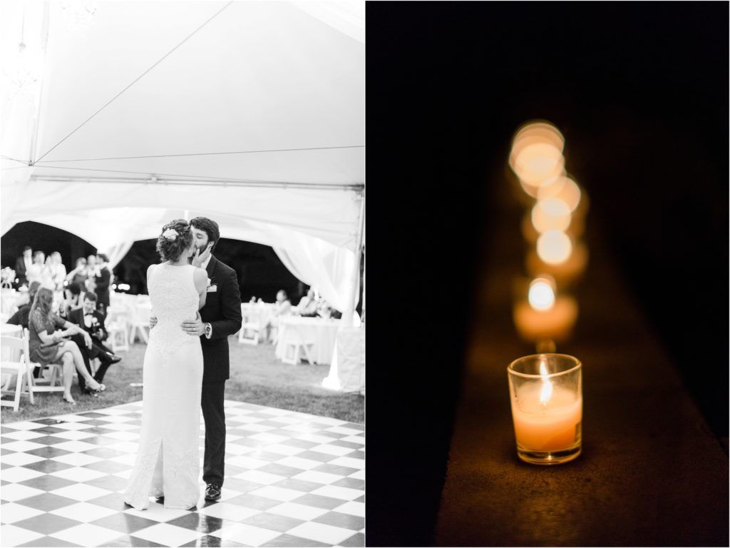 Split image of dancing couple at reception and glowing candle creating romantic ambiance.