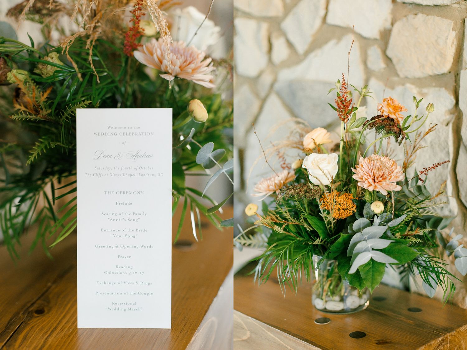 Elegant wedding reception table settings with soft floral centerpieces and handwritten menus against a stone wall.
