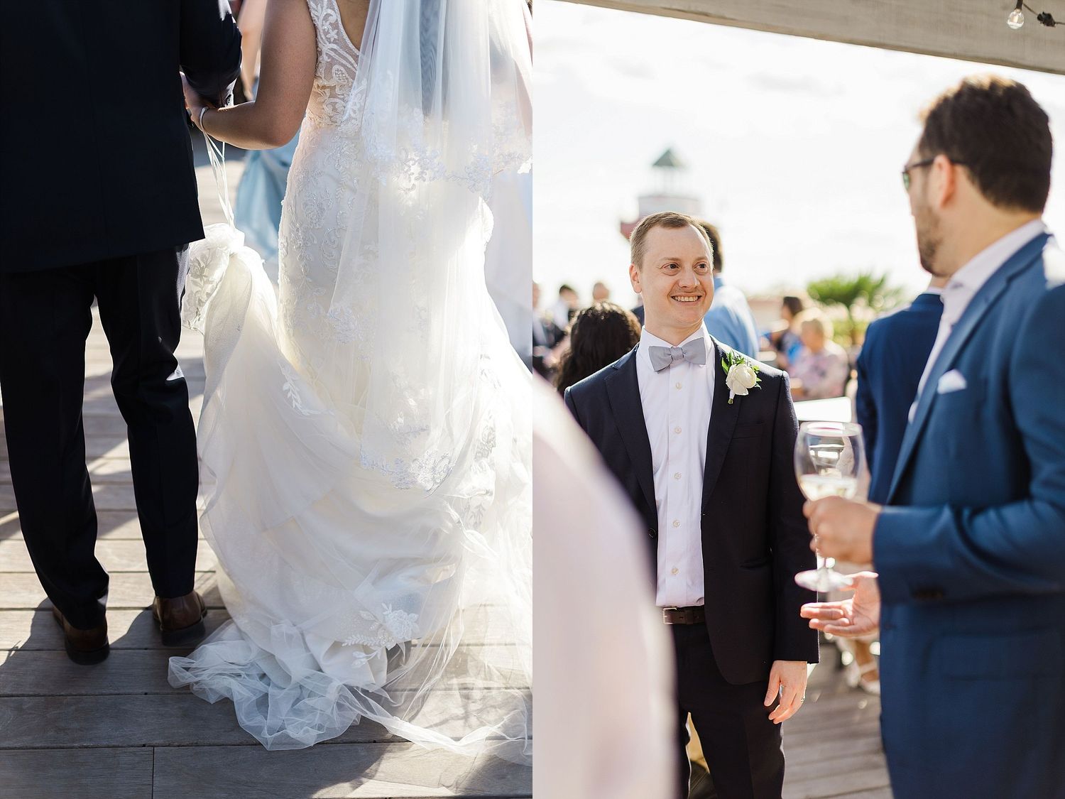 Details of a bride's flowing dress and guests mingling during a wedding reception.