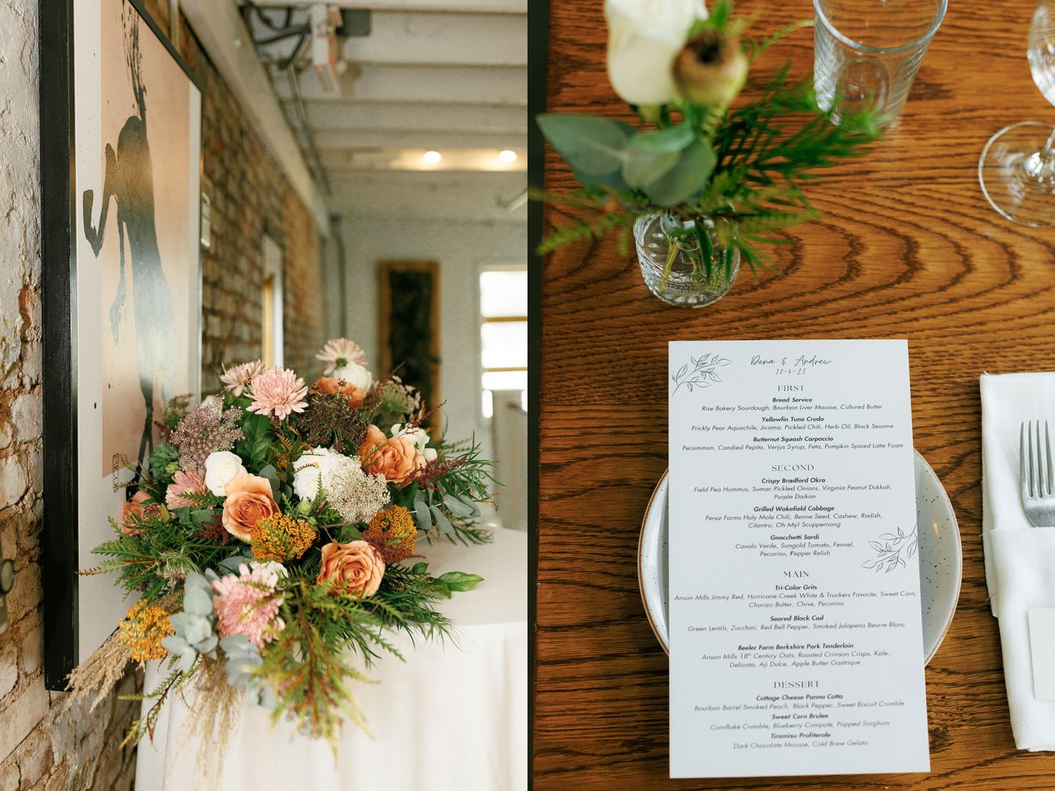 Wedding menu cards and floral arrangements featuring peach and pink flowers with greenery on a wooden table.