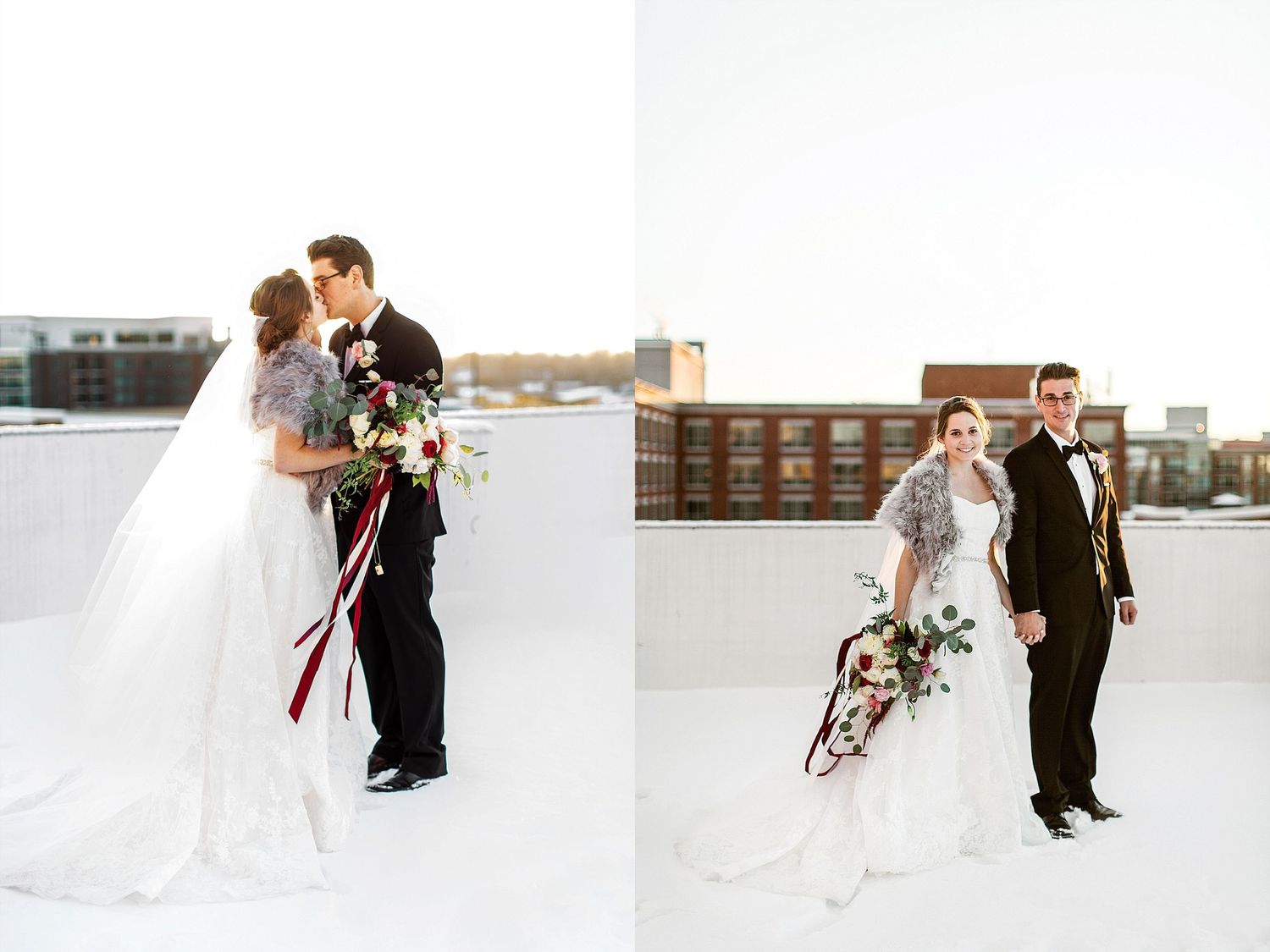 Winter wedding photos showing couple with flowing veil against snowy rooftop backdrop.