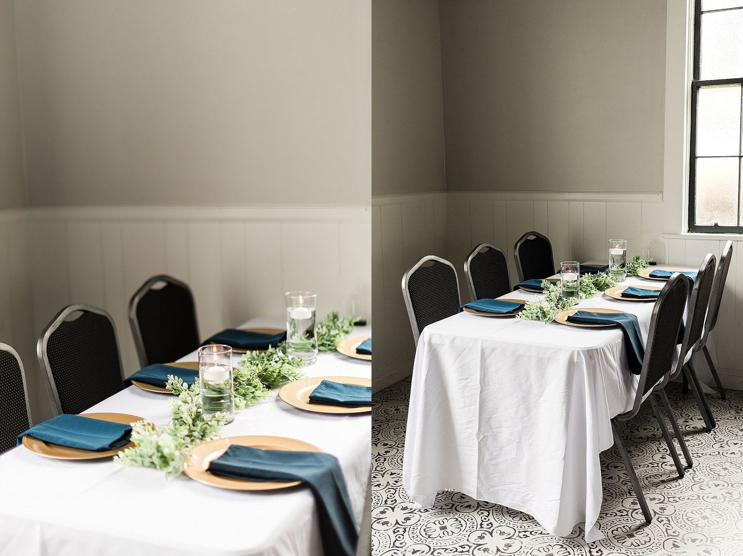 Wedding reception table set with white linens, blue plates and greenery centerpieces.