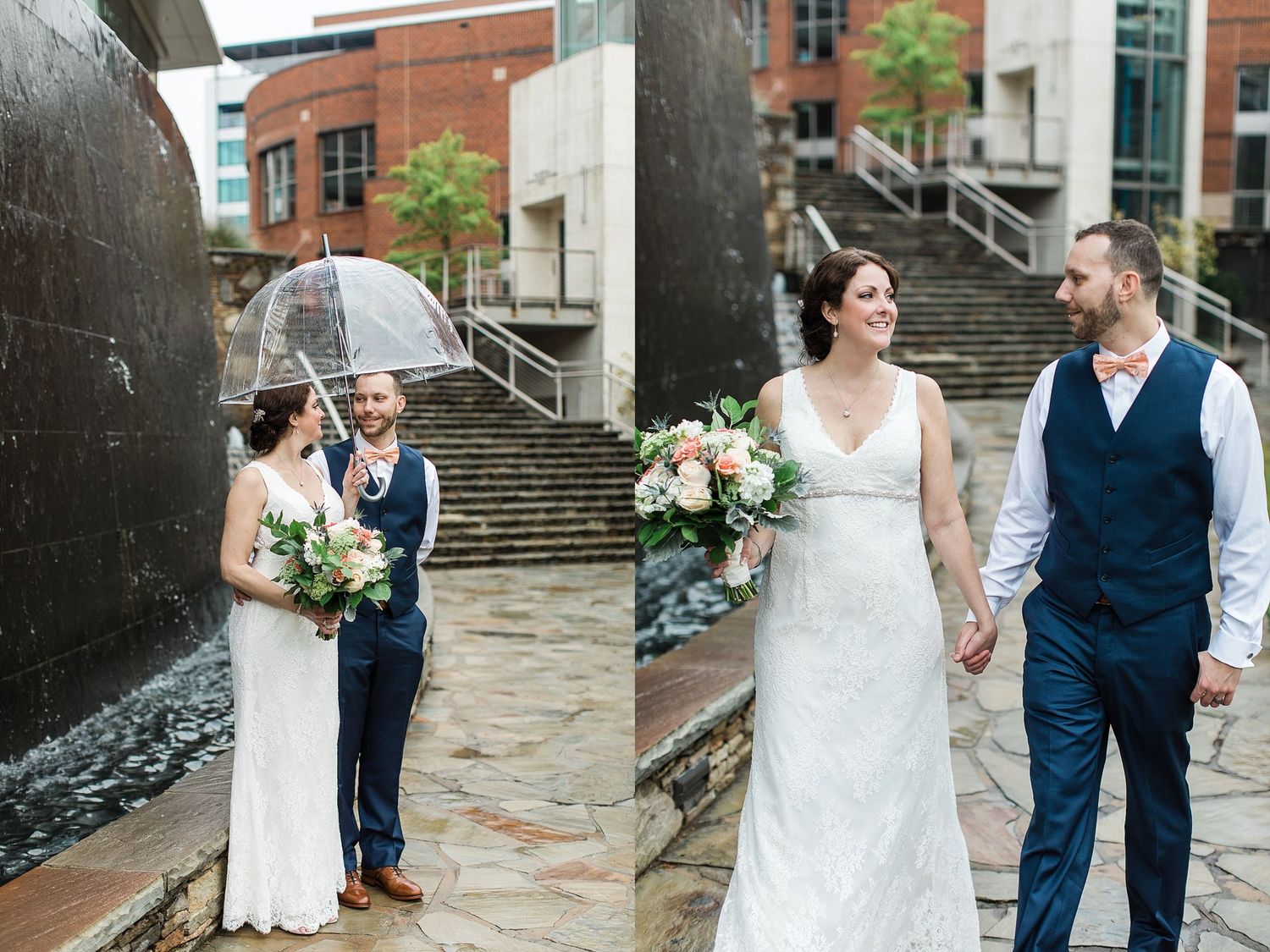Bride and groom in downtown Greenville on a rainy day