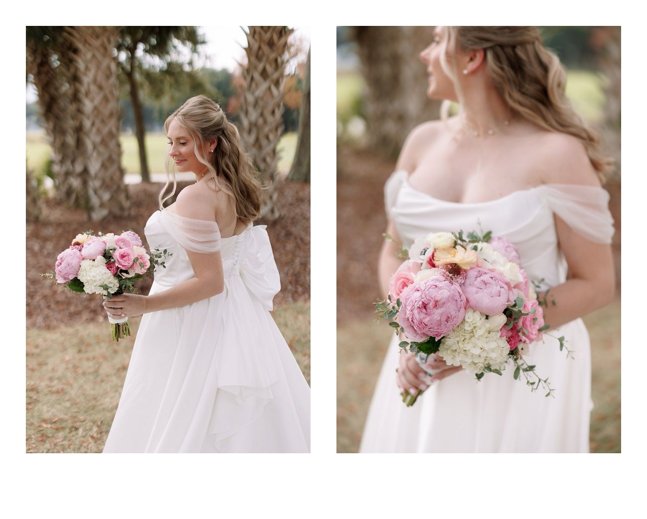 A pregnant woman in a flowing white maternity dress poses outdoors while holding a pink and white floral bouquet.