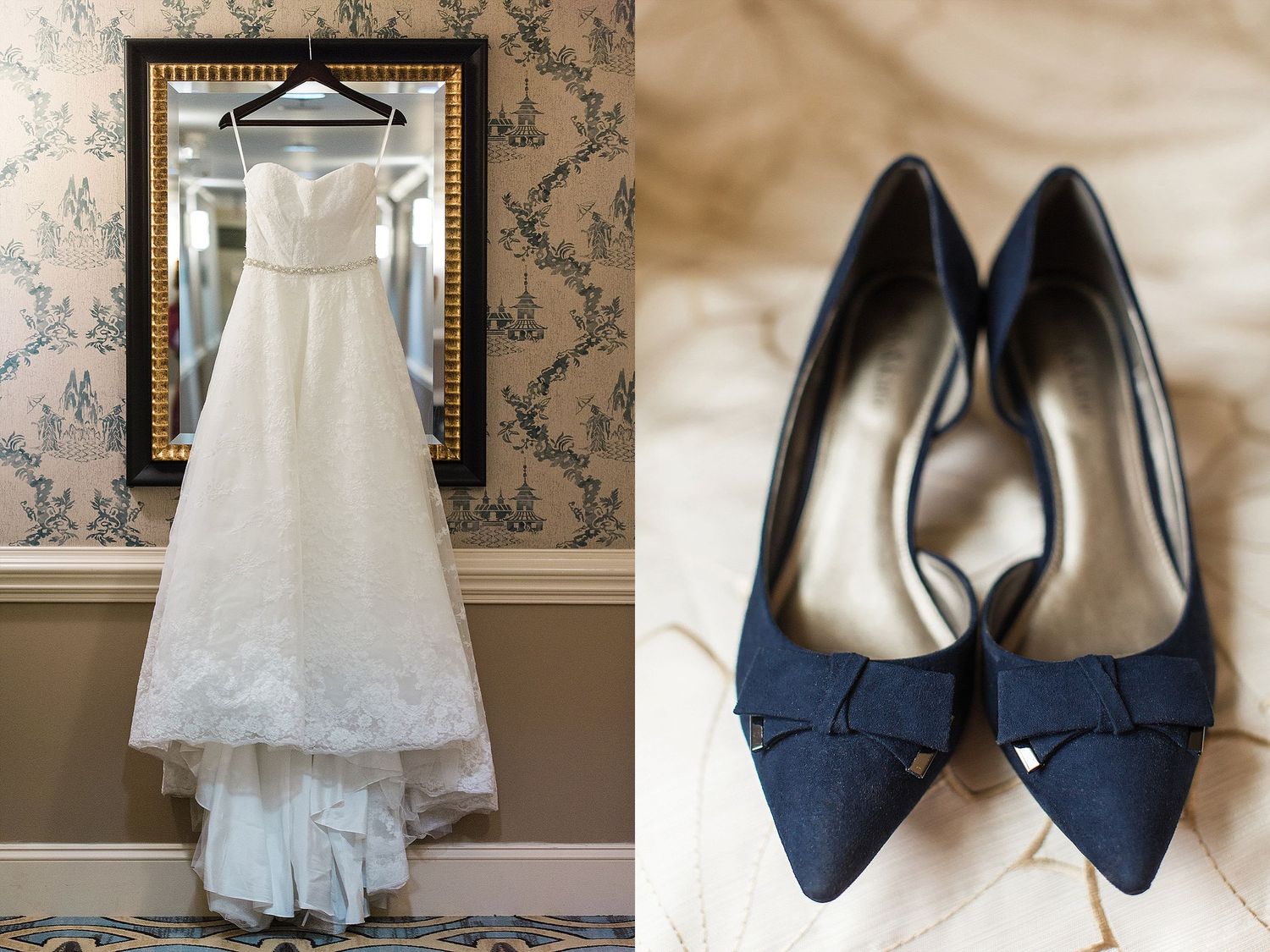 An elegant white wedding dress hangs in a gold frame with navy blue pointed toe flats displayed below.