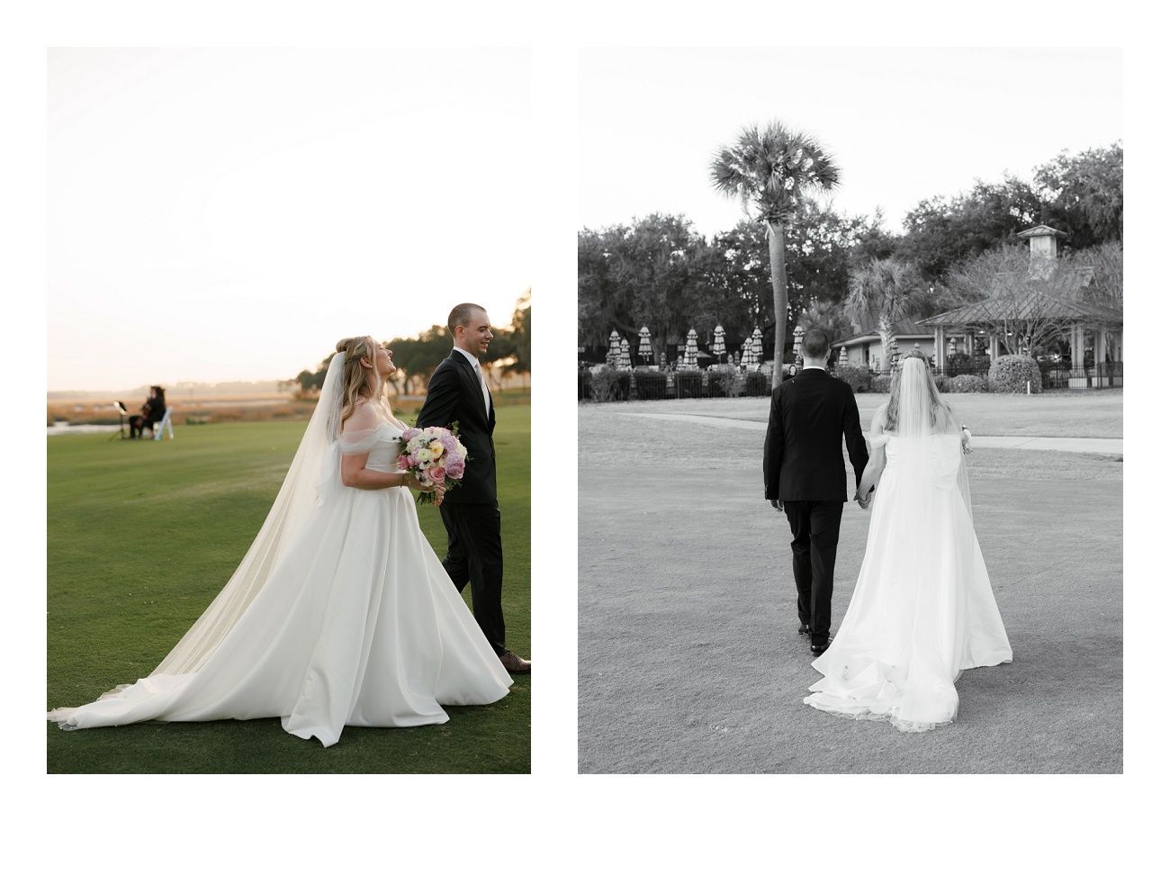 Elegant bride and groom pose together on a lush golf course with a majestic tree in the background.