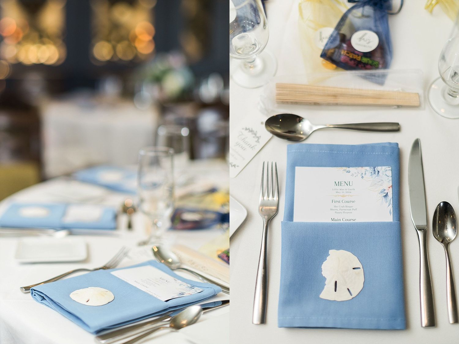 Wedding place settings with light blue napkins and sand dollar menu cards.
