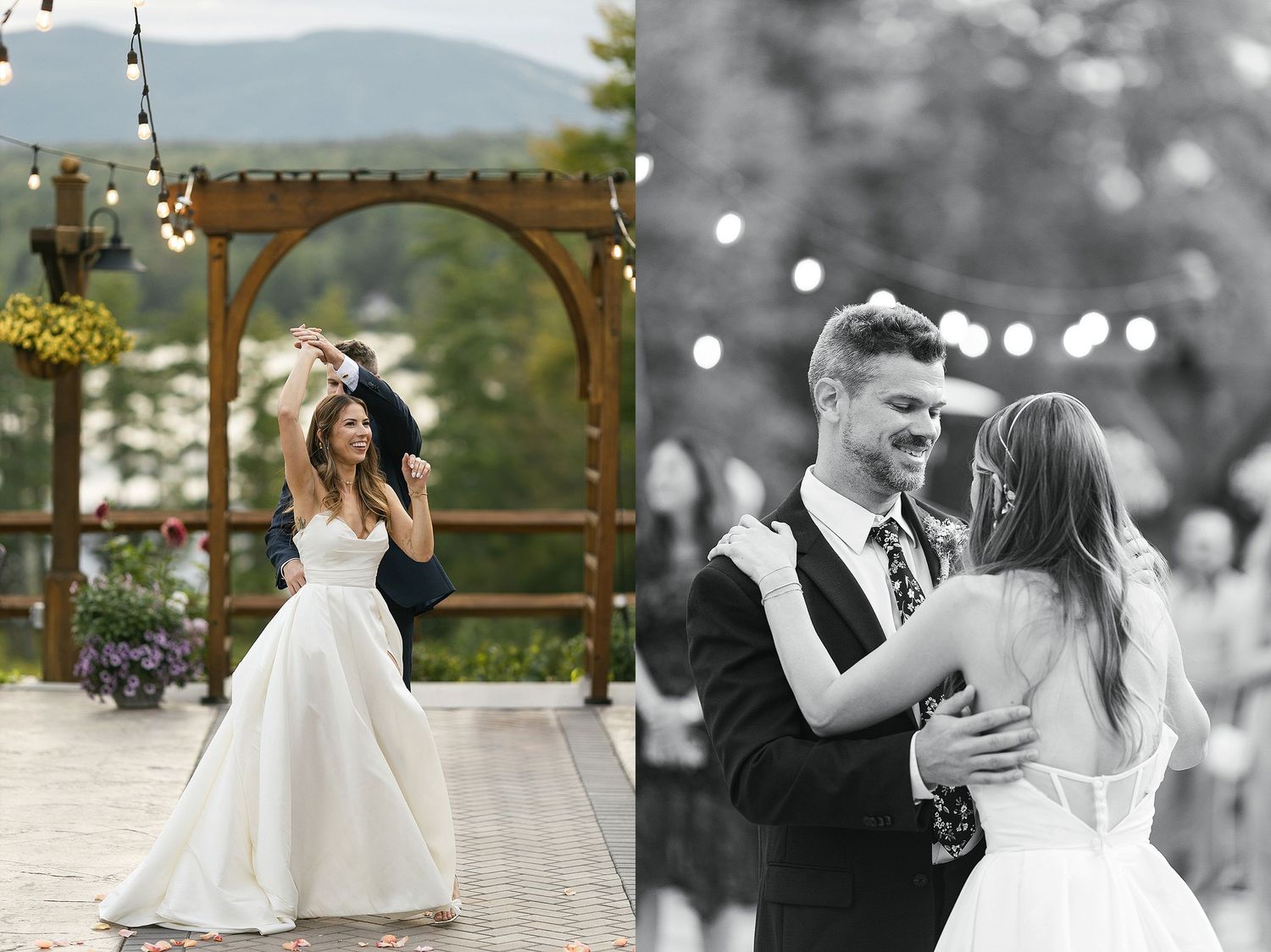 Wedding celebration photos showing dancing and joyful moments under a wooden arch with string lights.