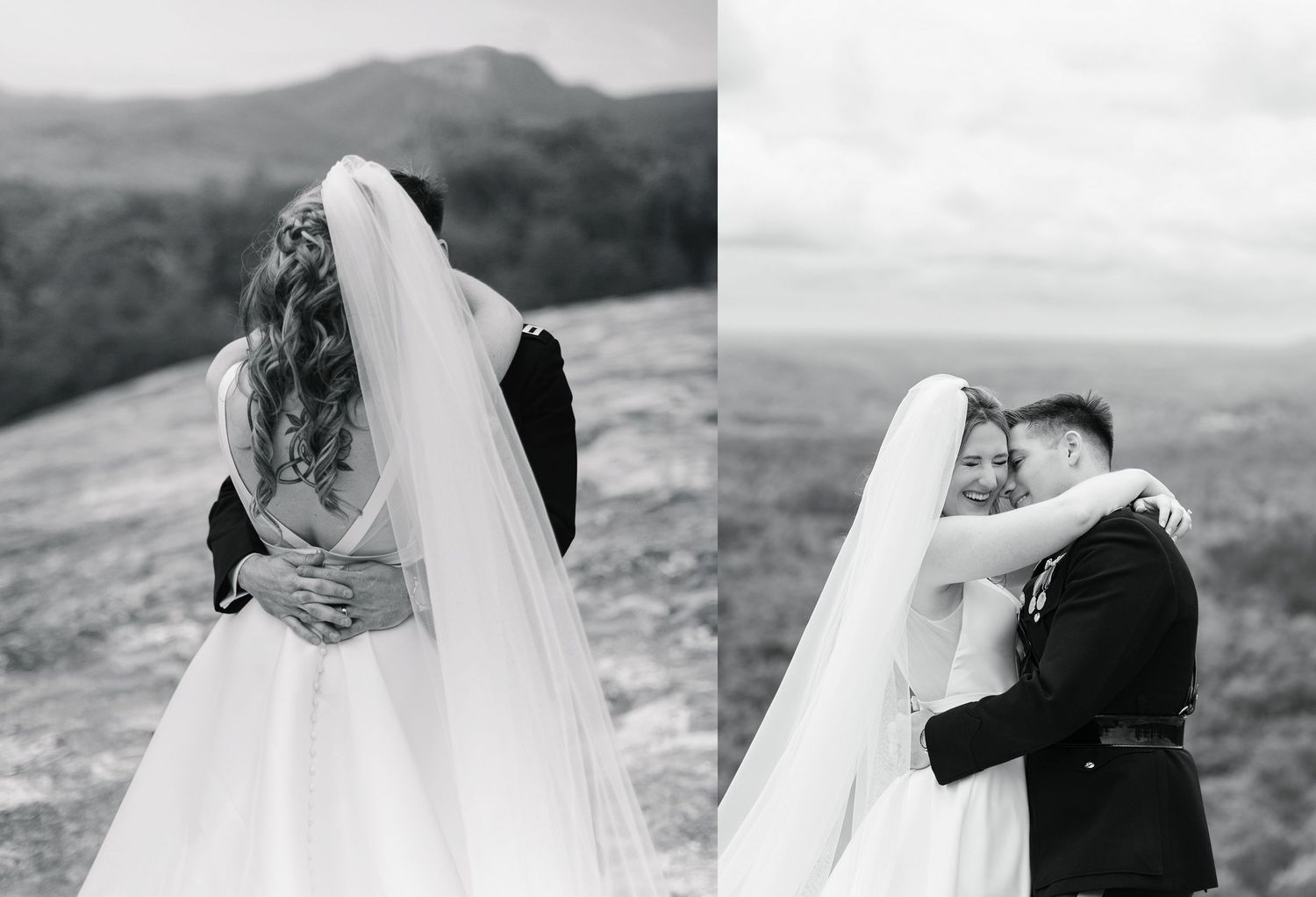 Black and white diptych of a romantic hillside wedding scene with flowing veil and mountainous backdrop.