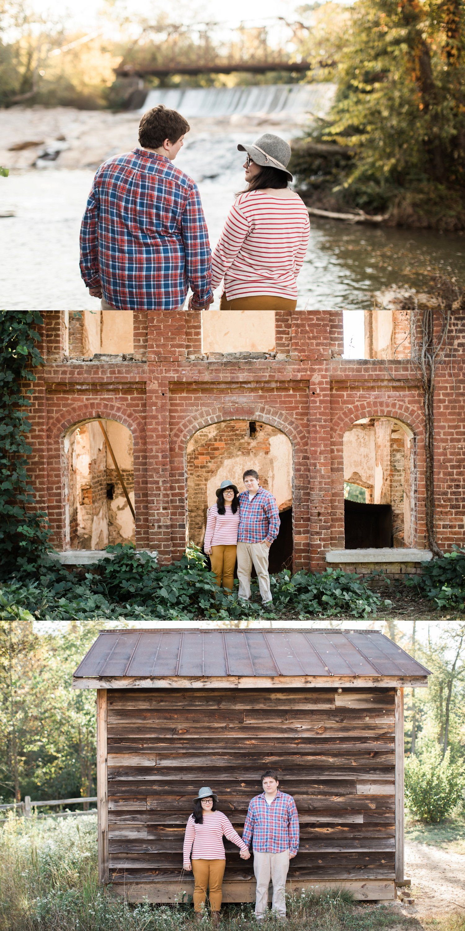 Collection of engagement photos at waterfall, brick ruins and rustic cabin locations.