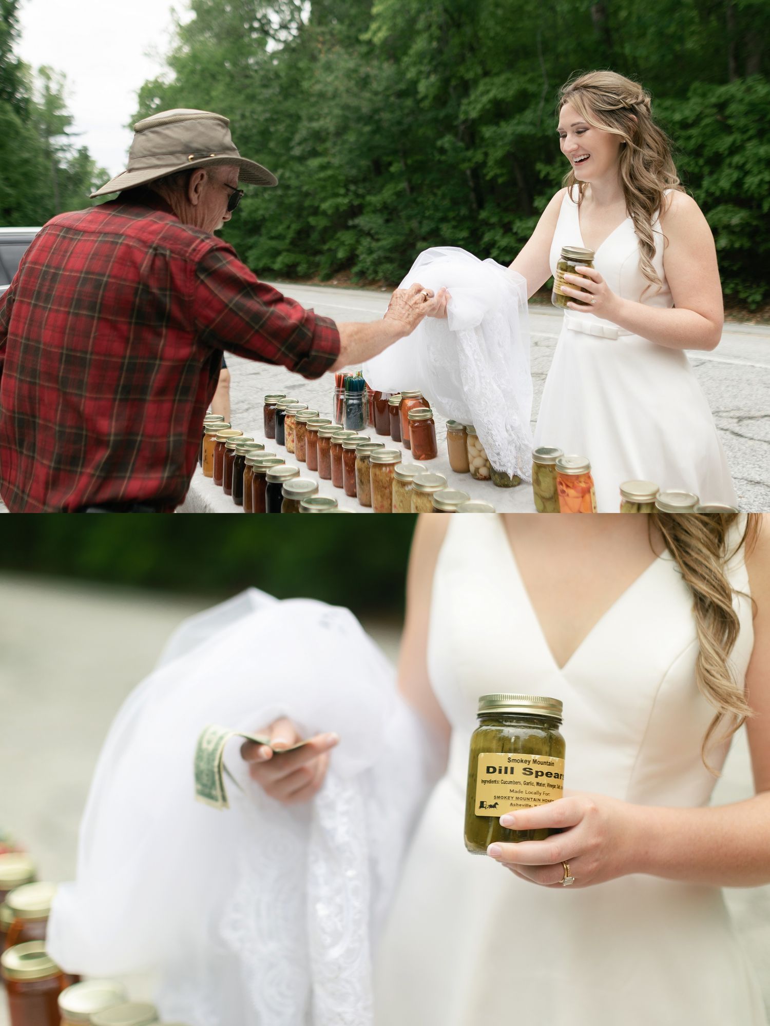A vendor in plaid shirt offers mason jars of preserves to a bride in white dress at a rustic outdoor market.