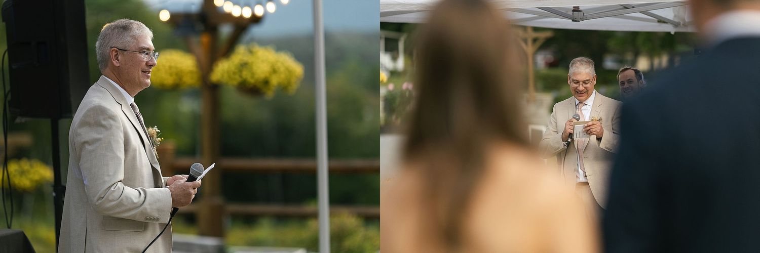 Speaker delivers wedding speech outdoors during daytime ceremony.