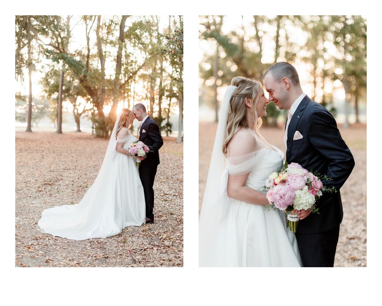 Romantic sunset wedding photos in a wooded setting with golden light filtering through the trees.