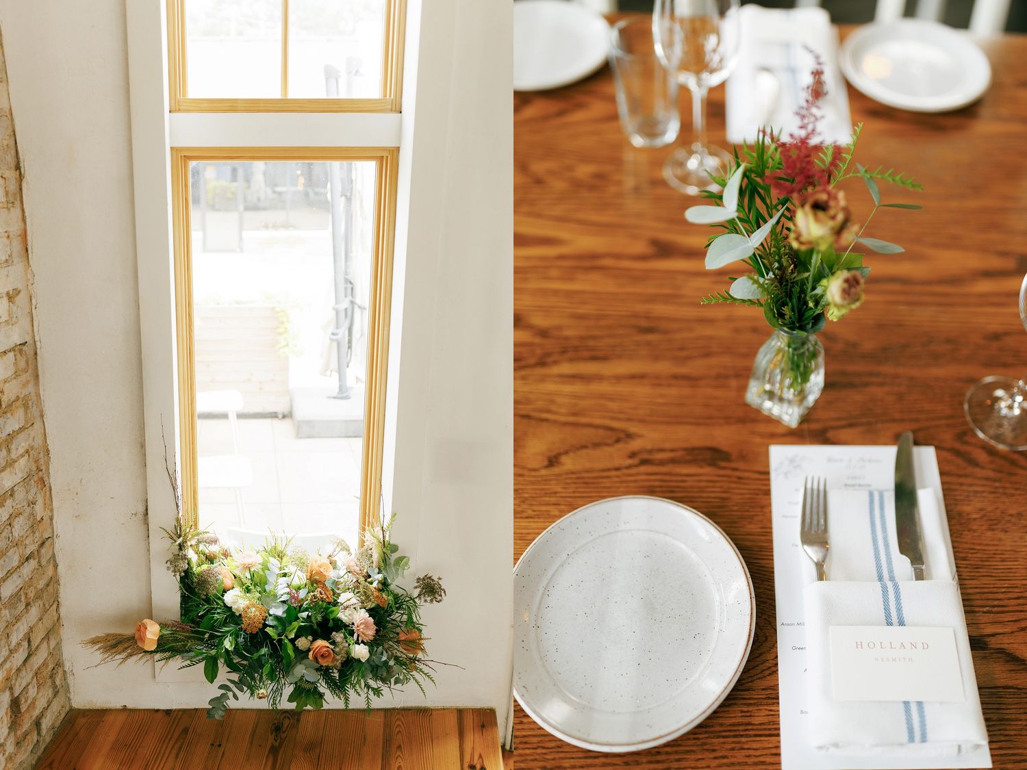 Wedding reception table settings with white plates, wine glasses, and delicate floral arrangements on wooden tables.