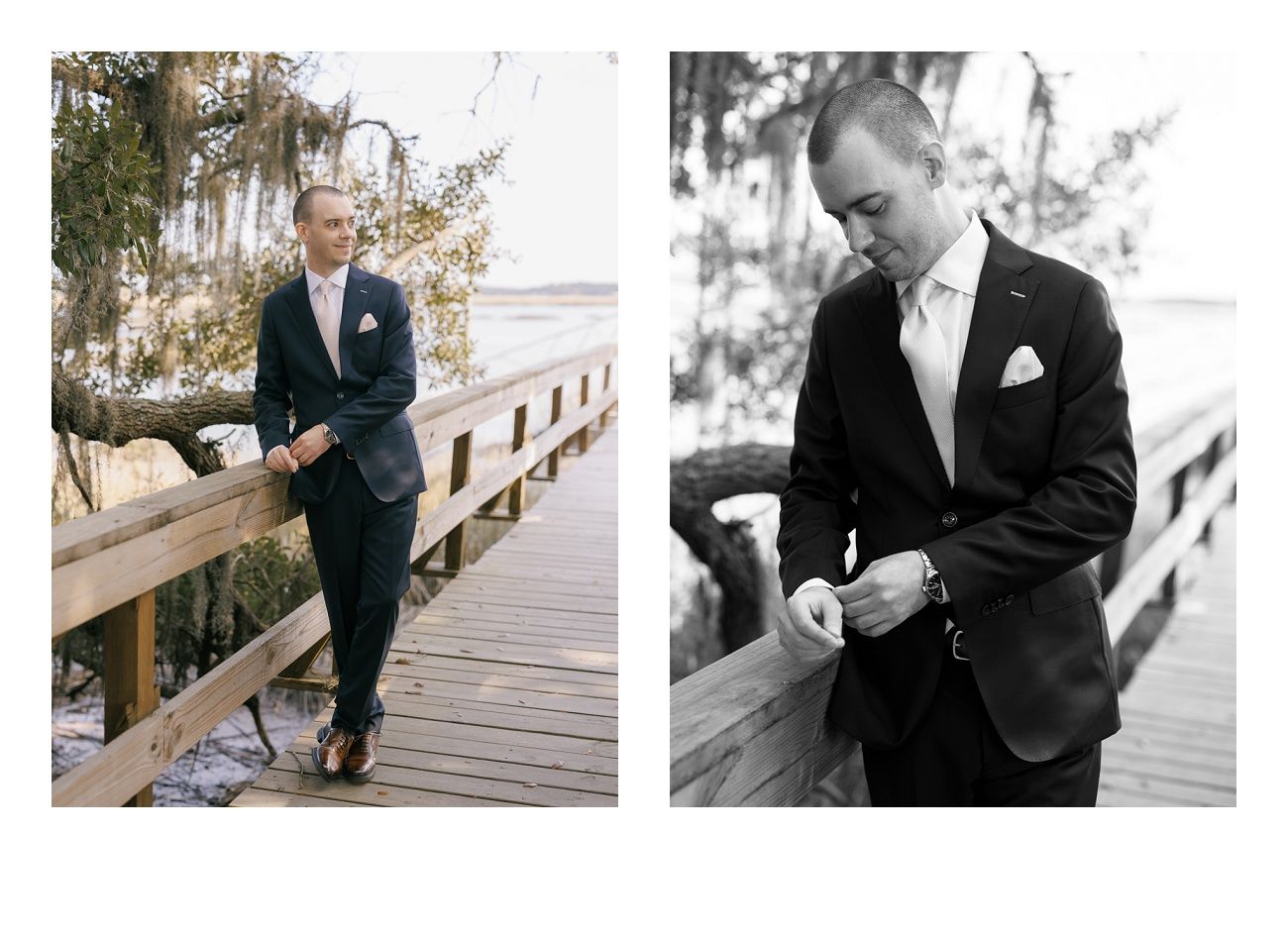 Series of black and white photos showing a groom preparing on wooden boardwalk outdoors.