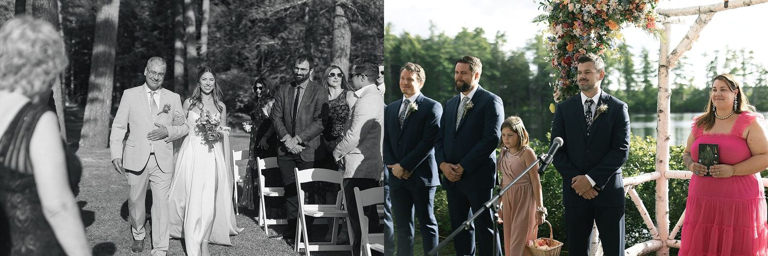 A collection of wedding party photos showing different styles and eras side by side.