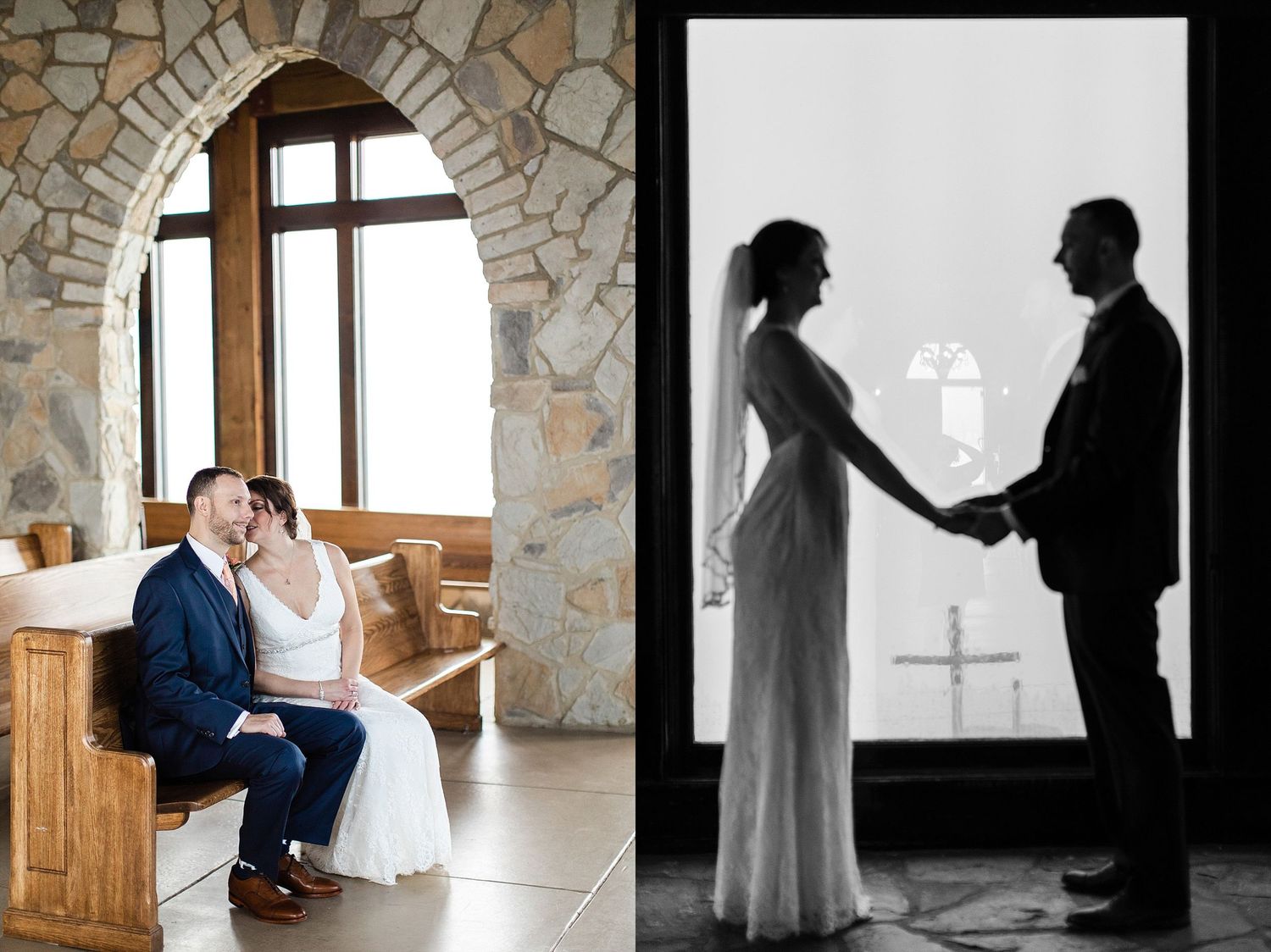 Side-by-side wedding photos in stone chapel showing color and black and white perspectives.