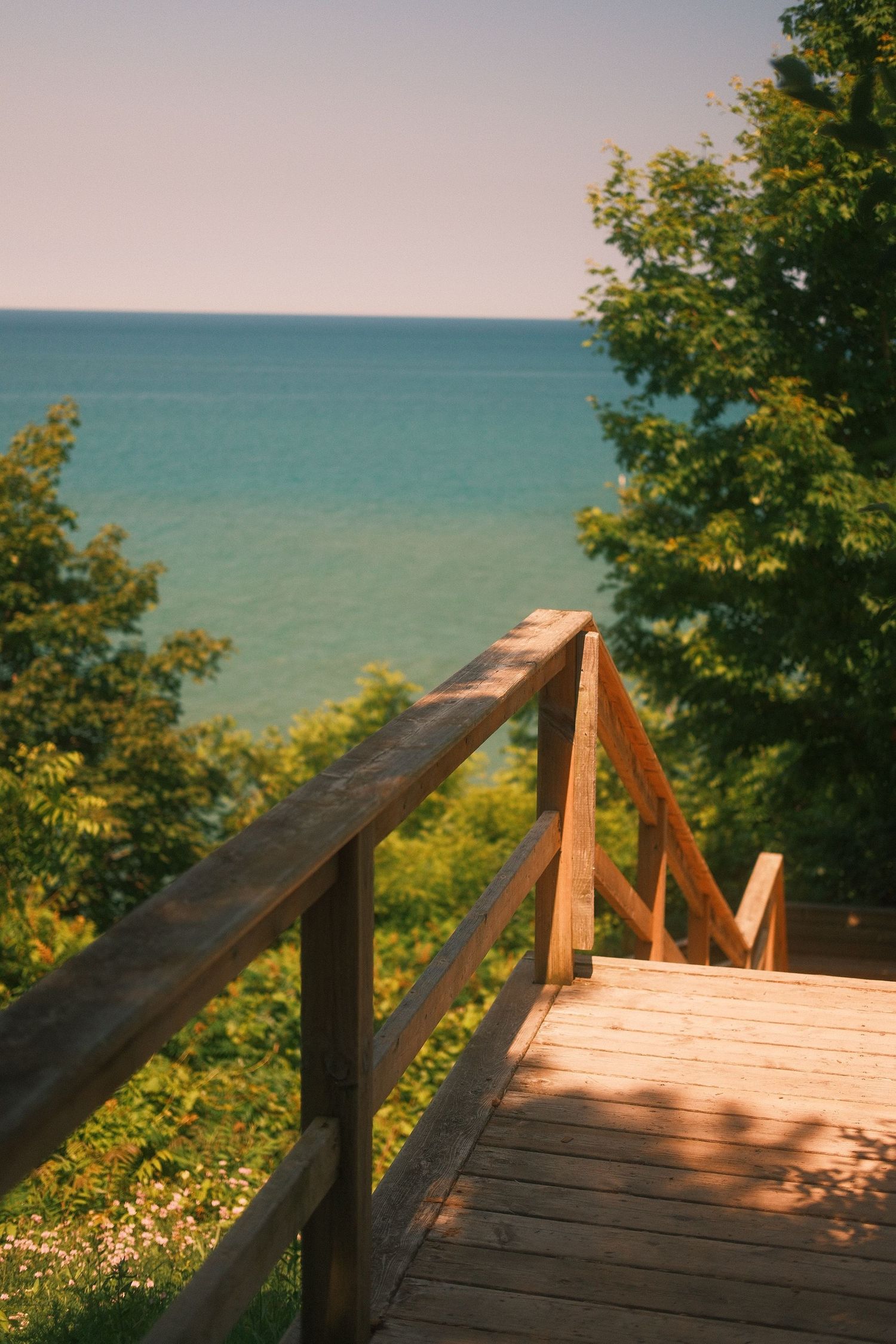 A wooden deck with railings overlooks a stunning turquoise lake surrounded by lush green trees on a sunny day.
