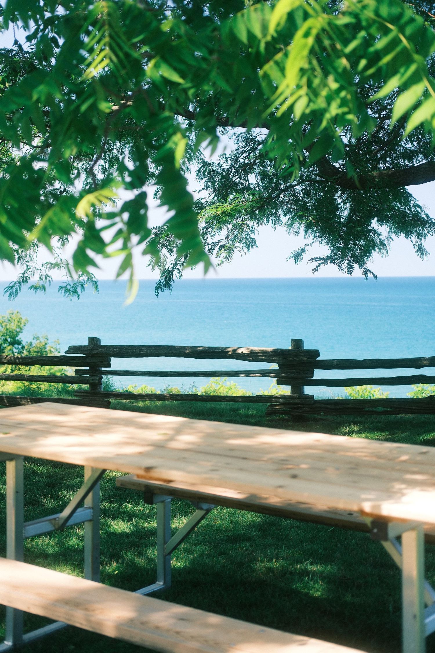 Wooden picnic table and bench under green trees overlooking a calm blue sea.