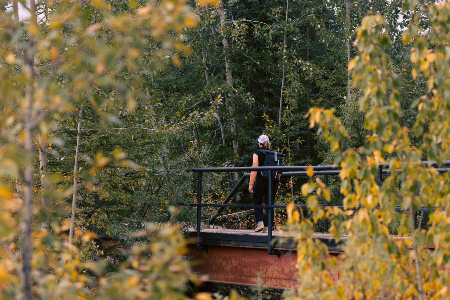 Rachel crosses a bridge at Chena Hot Springs