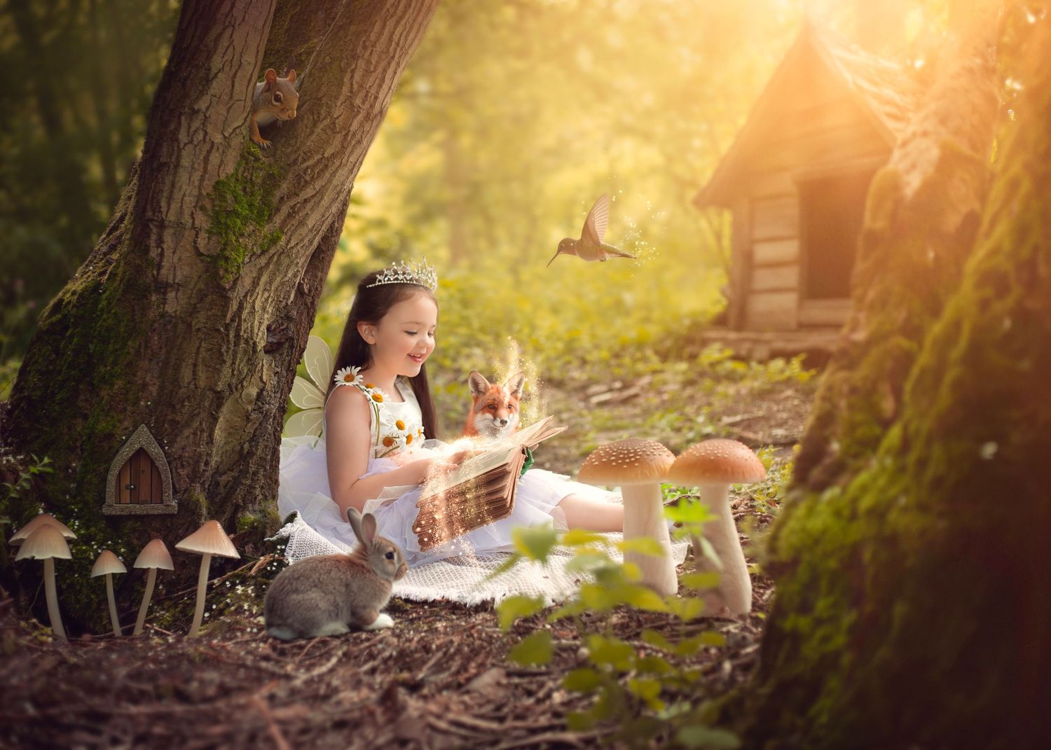 Magical fairy tale girl in white dress feeding animals in enchanted forest with hummingbird and squirrel in the West Midlands