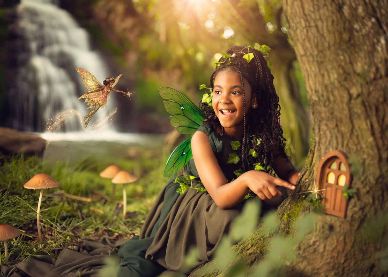 A young girl dressed as a fairy with green wings sits by a tiny door on a tree, surrounded by mushrooms and a waterfall.