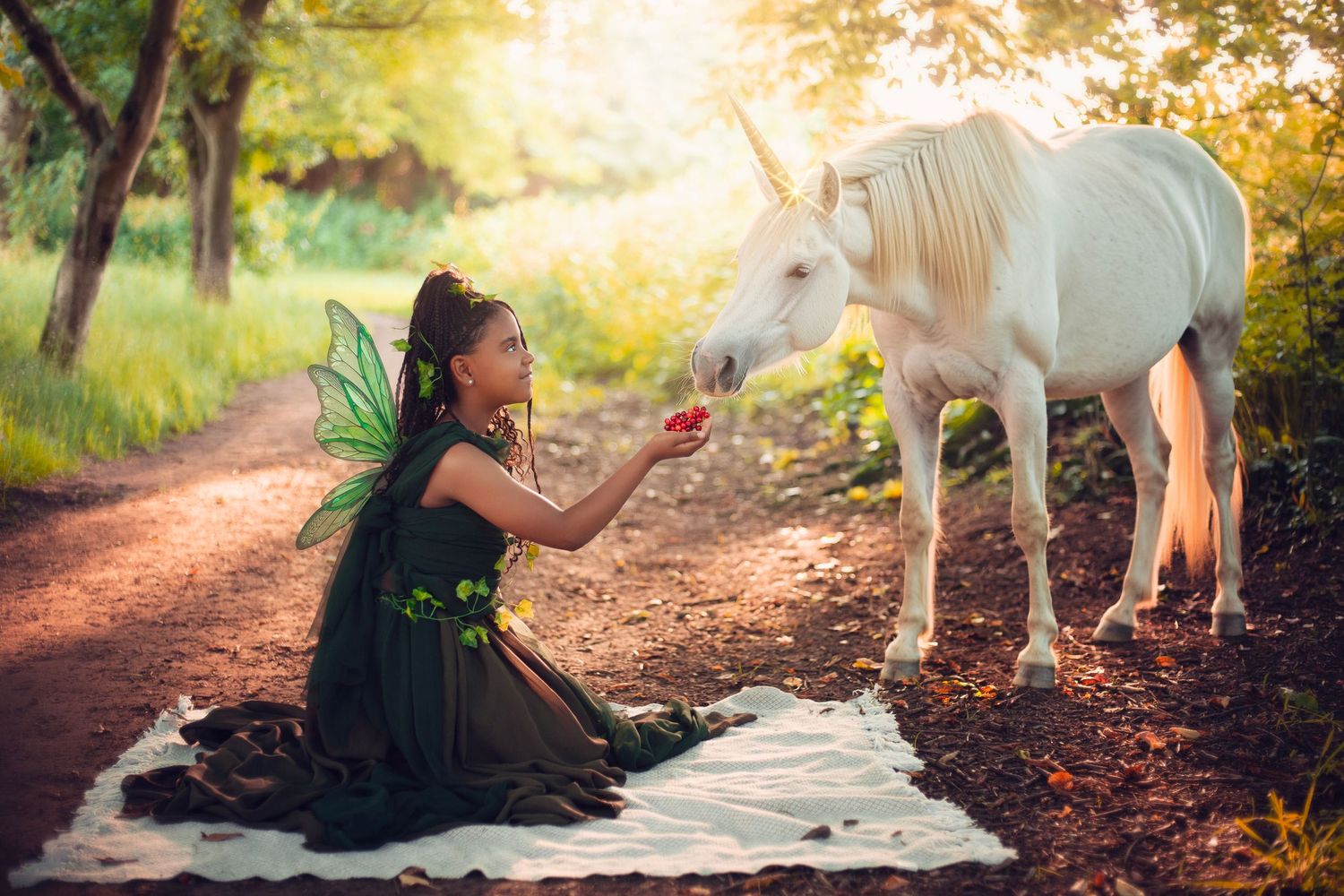 A fairy girl in a green dress feeds a red apple to a white unicorn in a magical sunlit forest.