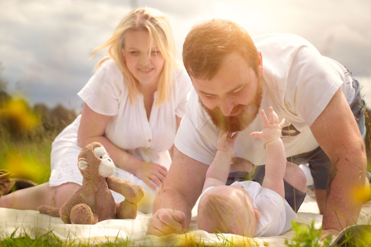 Happy family with a blonde mother, bearded father, and baby playing together on a blanket in a sunny field in the West Midlands