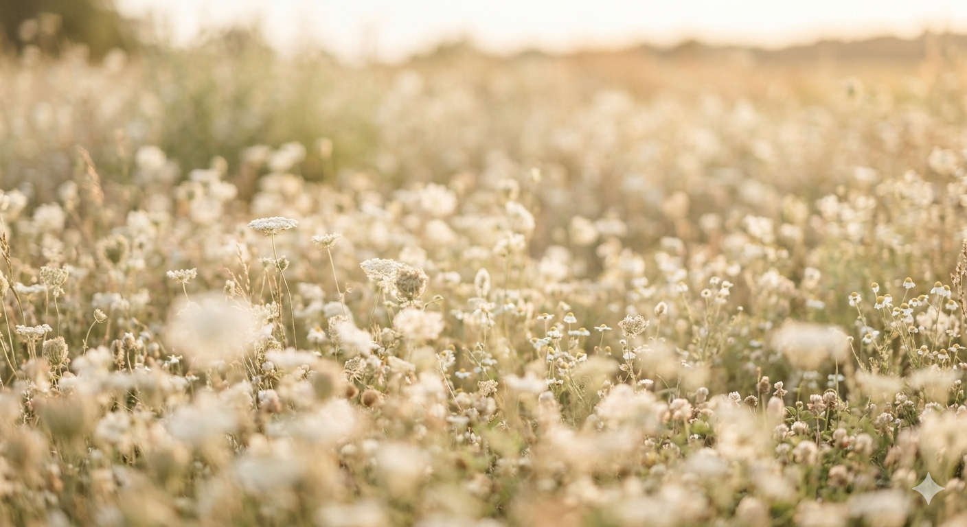 Dreamy sunlit field of white wildflowers glowing in warm golden light.