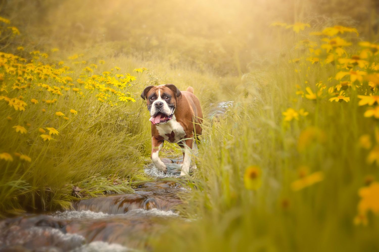 Energetic boxer dog runs through a field of bright yellow wildflowers in golden afternoon sunlight, in Birmingham