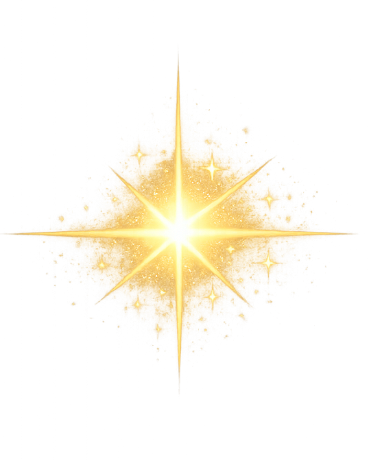 A brilliant golden eight-pointed star with glitter sparkles and glowing light on white background.