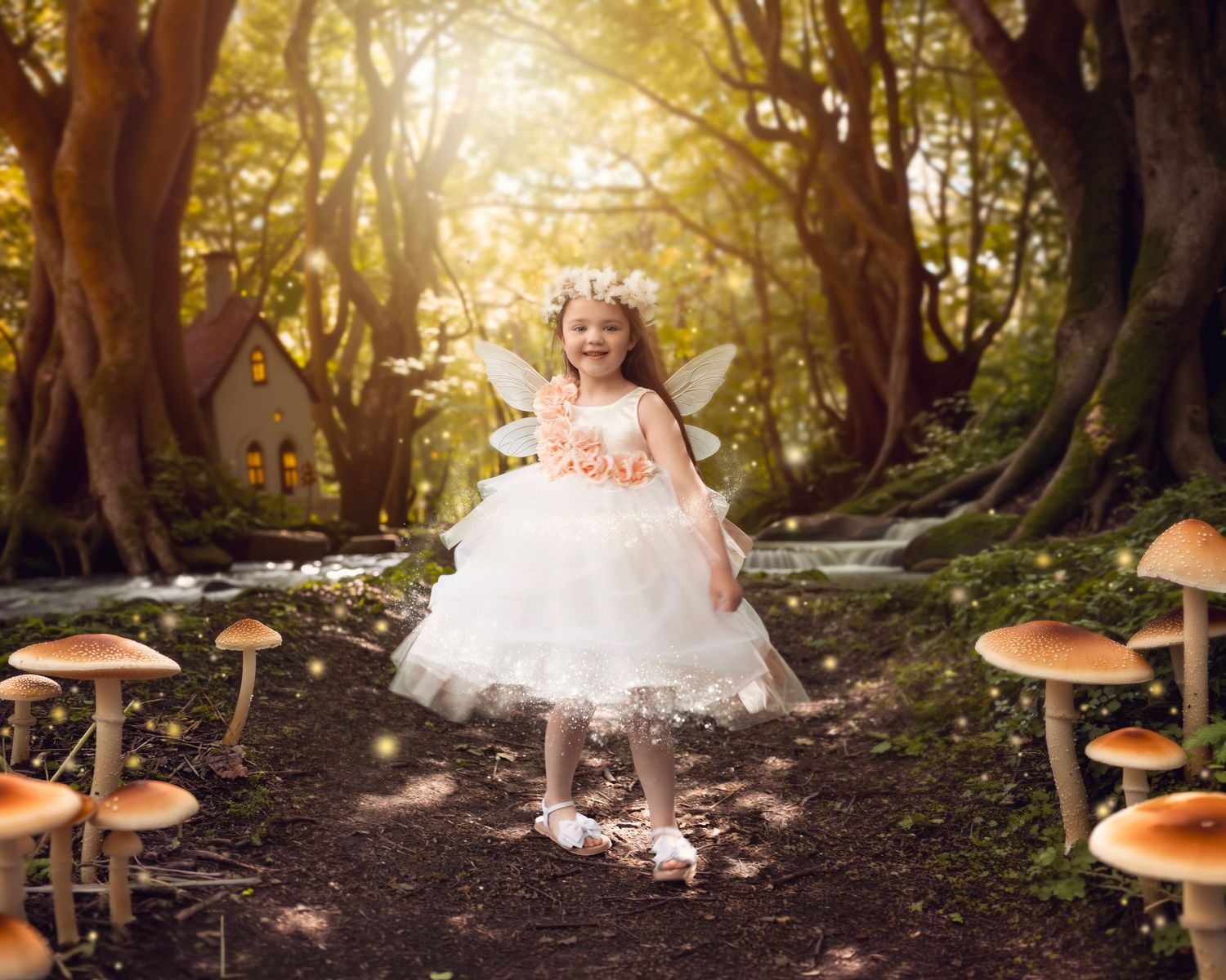 Little girl in white fairy dress with wings walks a magical mushroom-lined forest path in golden light in the West Midlands