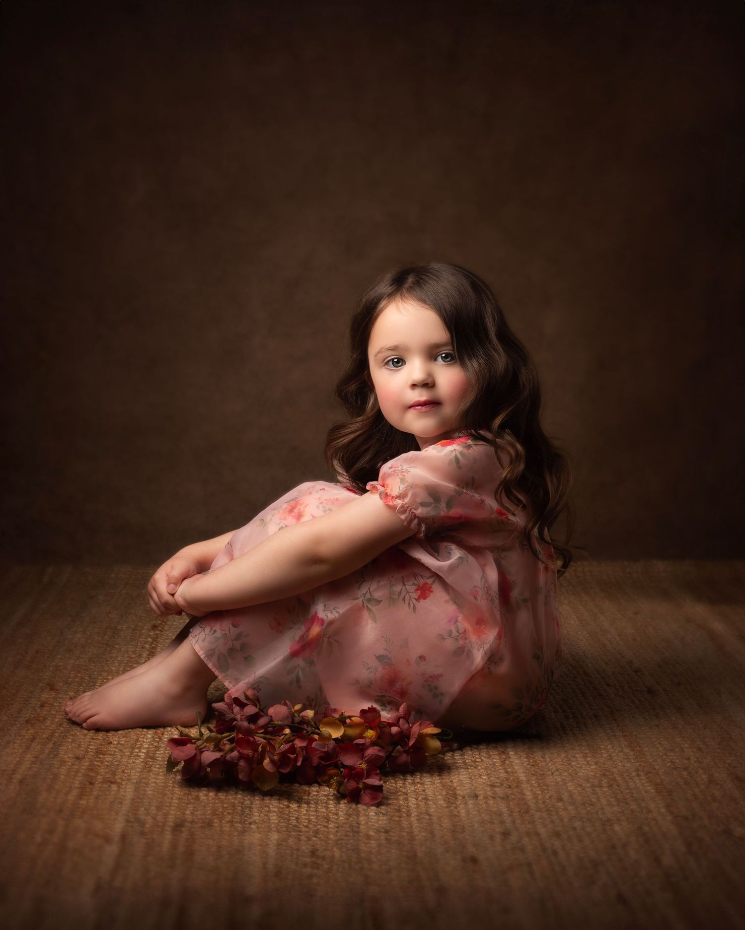 Sweet young girl in floral pink dress sits on burlap floor surrounded by scattered rose petals in Birmingham