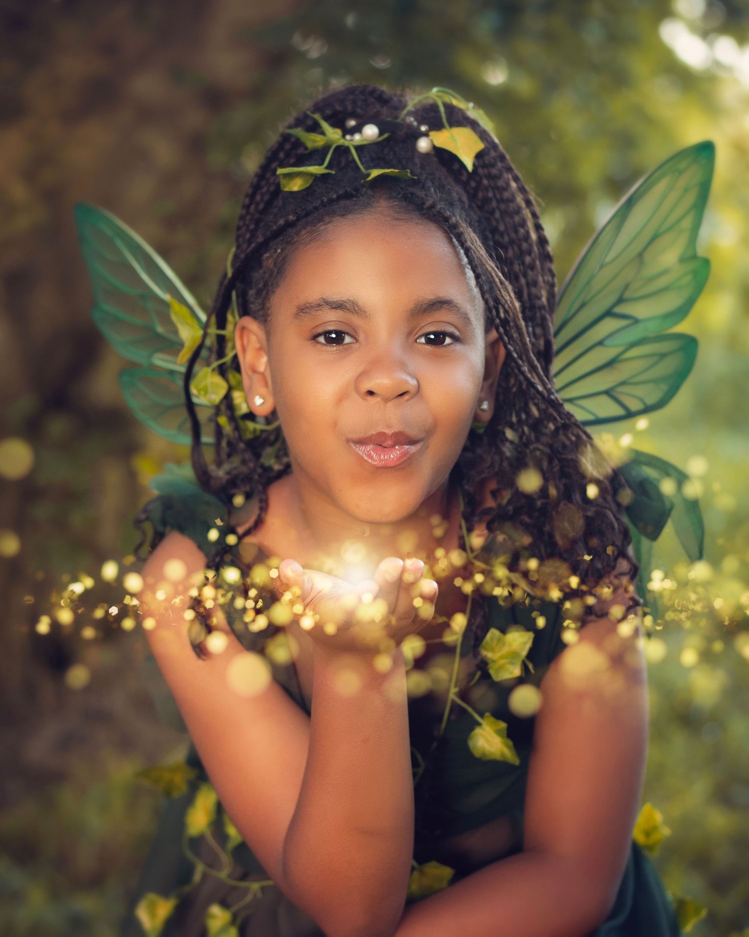 A young Black girl dressed as a fairy with green wings blows golden glitter from her hands outdoors.