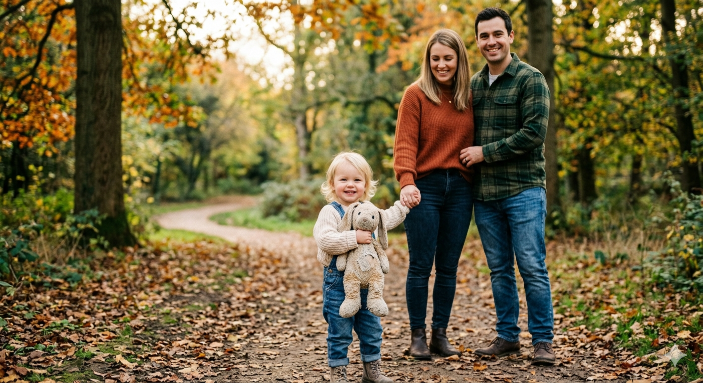 Young family of three with a toddler holding a stuffed animal on an autumn forest path in the West Midlands