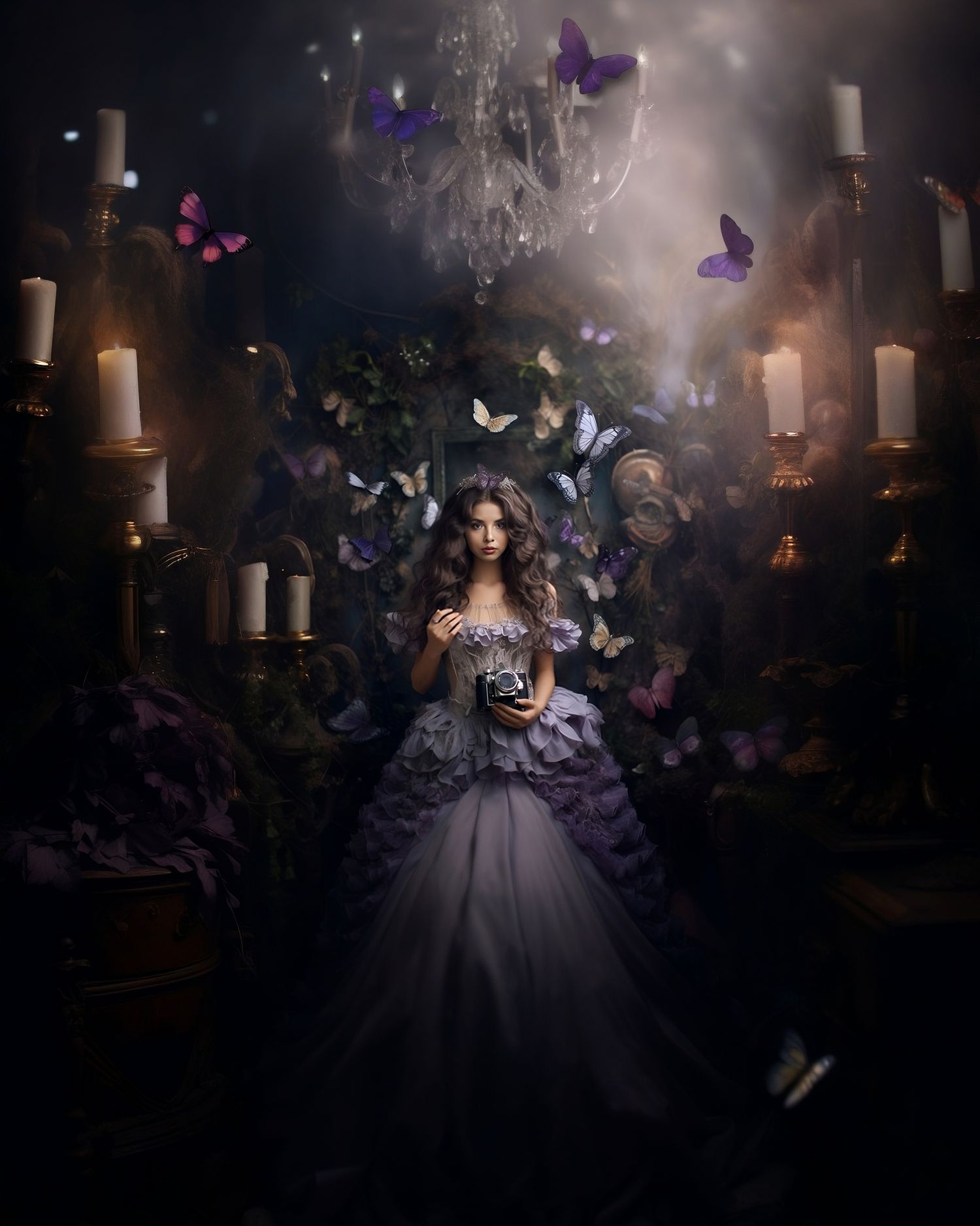 Ethereal fantasy portrait with butterflies surrounding a figure in a lavender ballgown amidst glowing candles.