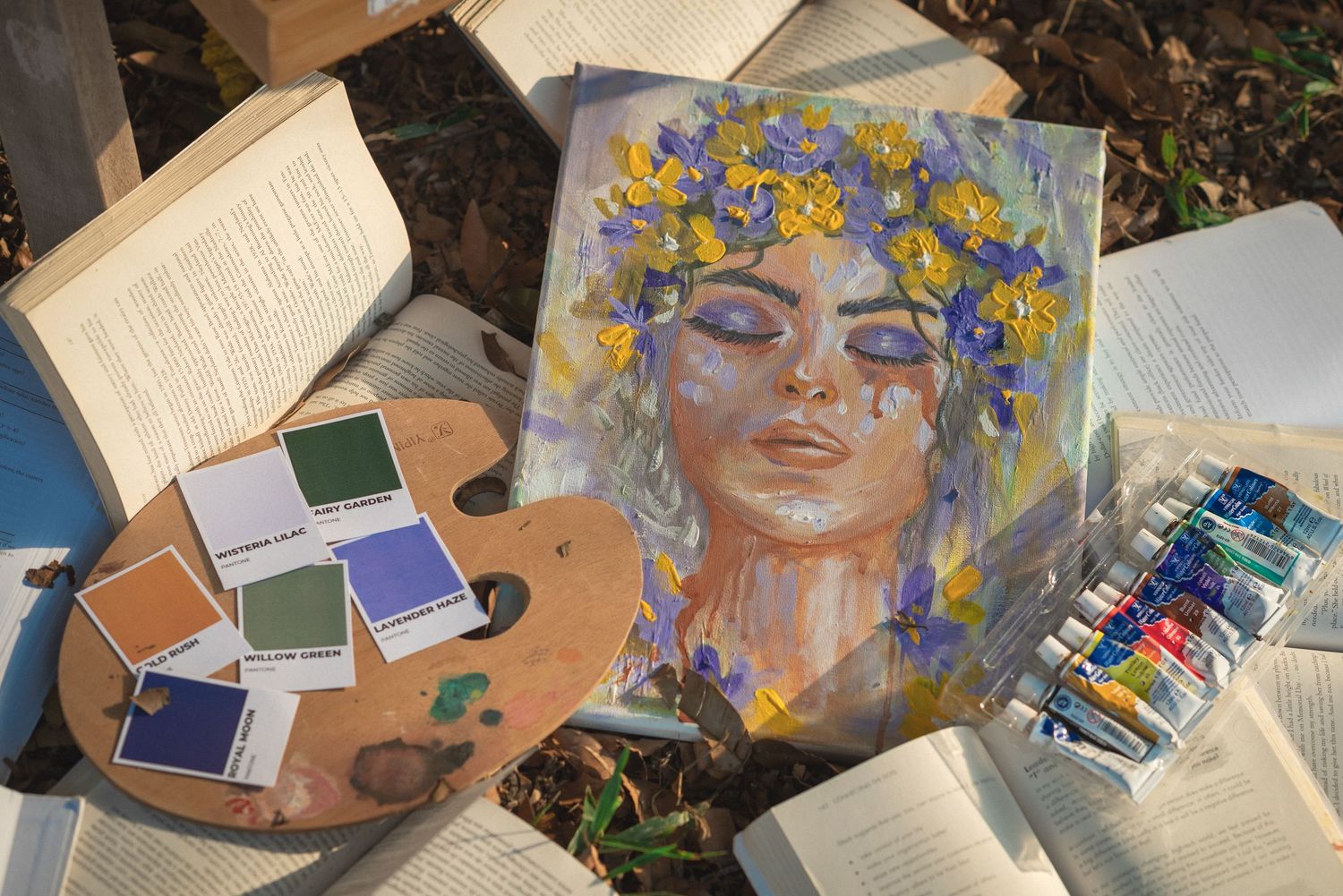 A colorful art setup with a painting, watercolor palette, art supplies and open books arranged on the ground outdoors.